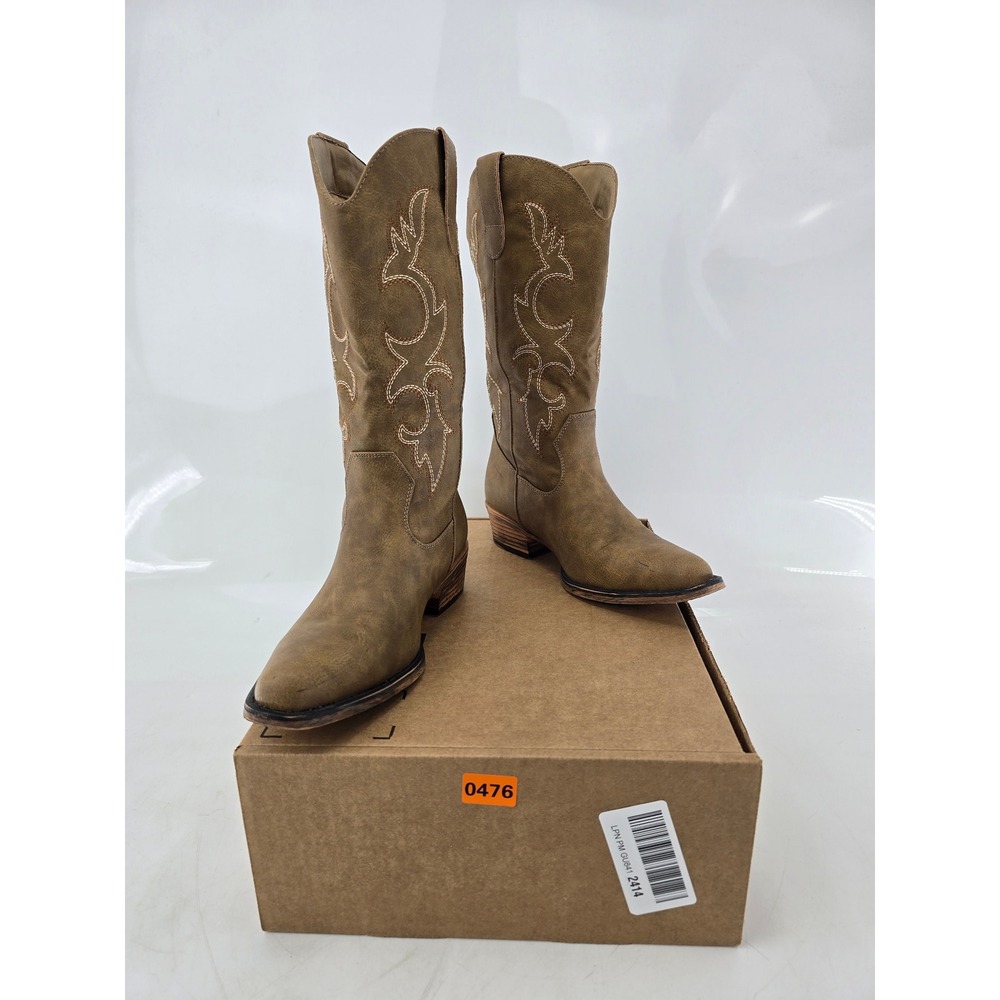 Soda Cowboy Boots Womens Size 7 Brown Western Embroidered Mid Calf -Excellent